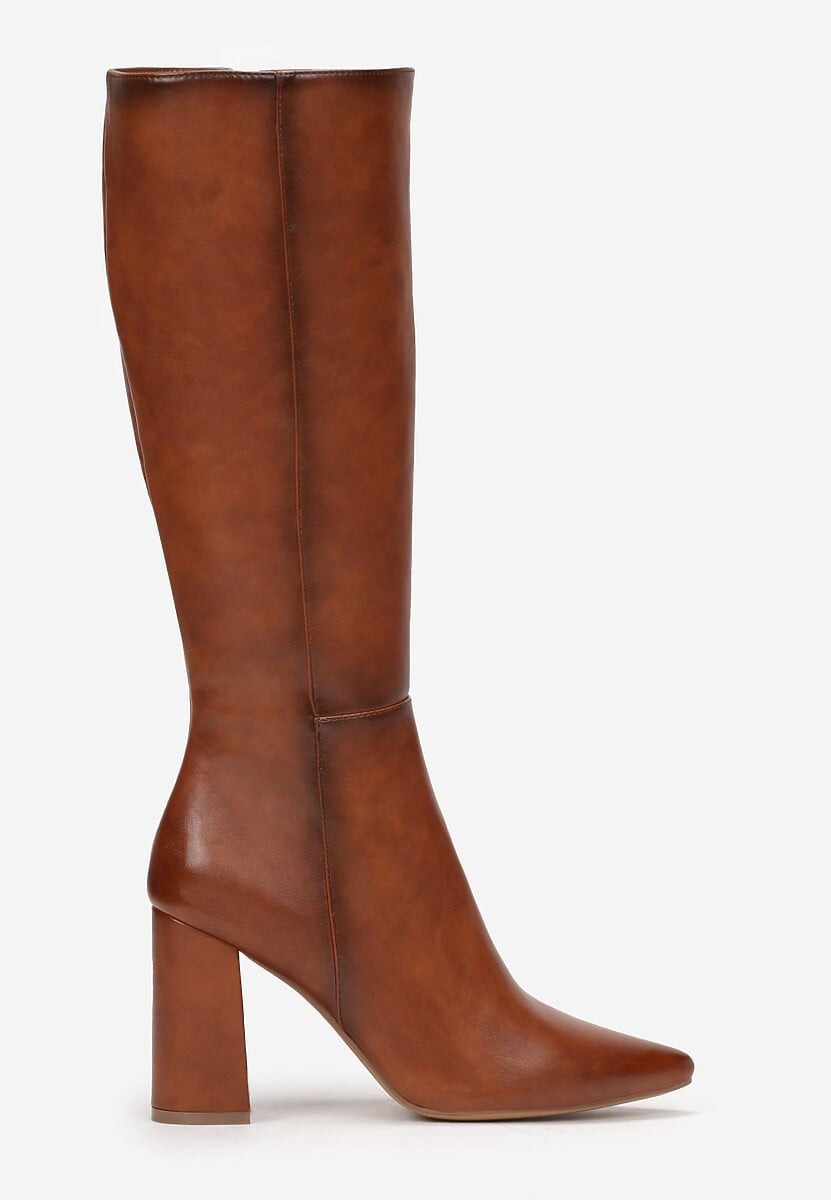 Brązowe Kozaki na Obcasie ze Szpiczastym Noskiem Geldona