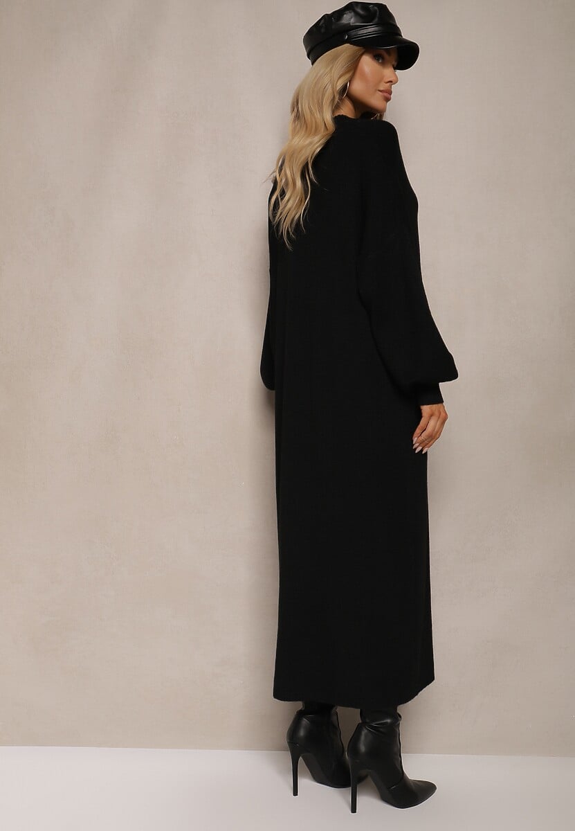 Czarna Pudełkowa Sukienka z Wiskozą i Półgolfem Salindra