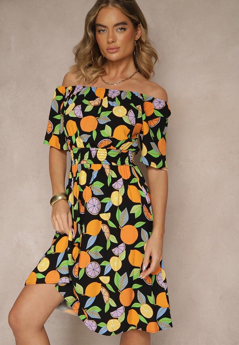 Czarna Sukienka Typu Hiszpanka z Bawełną ze Wzorem Cytrusów Aprona