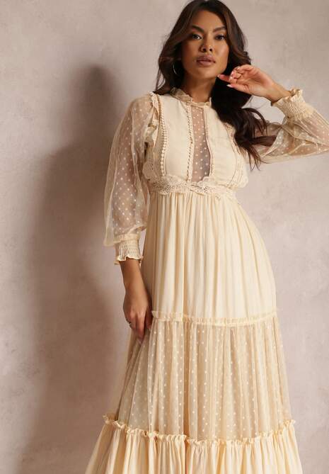 Beżowa Sukienka z Bufiastym Rękawem Ozdobiona Tiulowymi Wstawkami Laluna