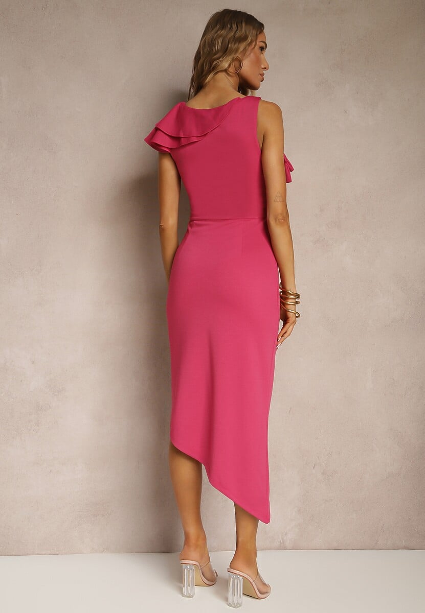 Fuksjowa Koktajlowa Asymetryczna Sukienka Vices z Kwiatem 3D i Falbankami Tolelira