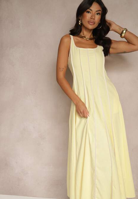 Żółta Sukienka z Wiskozą o Rozkloszowanym Kroju w Pionowe Prążki Gonariel