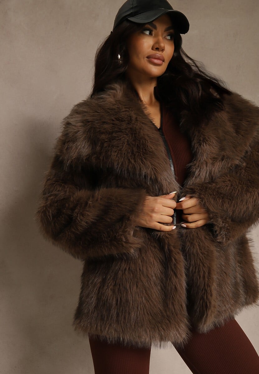 Brązowa Dwurzędowa Kurtka Futerko Oversize Nenalla