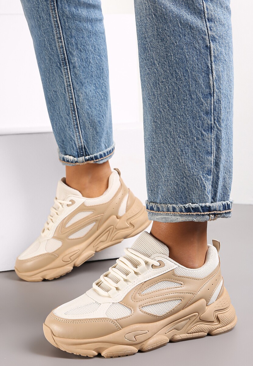 Ciemnobeżowe Sneakersy na Grubej Podeszwie ze Wstawkami Tula