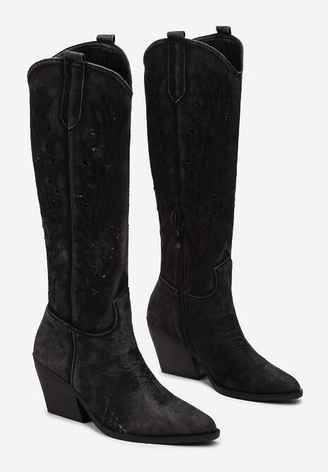 Czarne Ażurowe Kozaki Kowbojki na Ściętym Słupku Membris