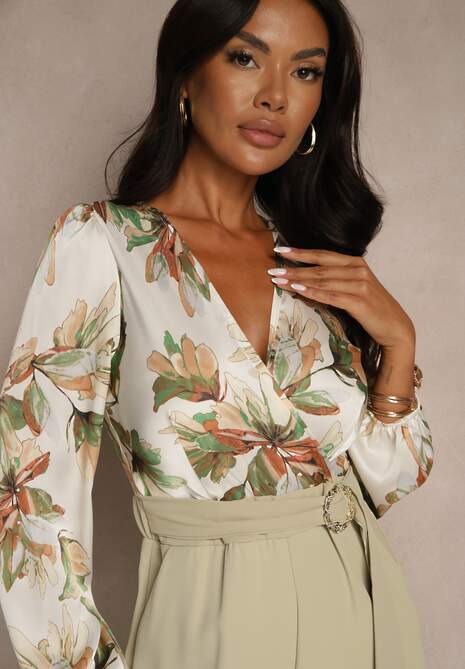 Jasnozielony Kwiatowy Kombinezon z Kopertowym Dekoltem z Paskiem i Szerokimi Nogawkami Vinia