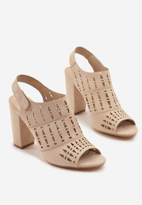 Beżowe Ażurowe Sandały na Słupku Vices ze Skórzaną Wkładką Linetelia