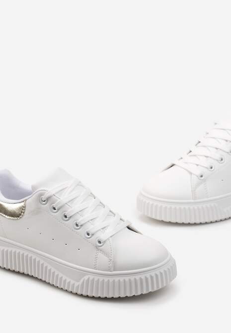 Biało-Złote Sznurowane Sneakersy z Metaliczną Wstawką i Żłobieniami Komparre