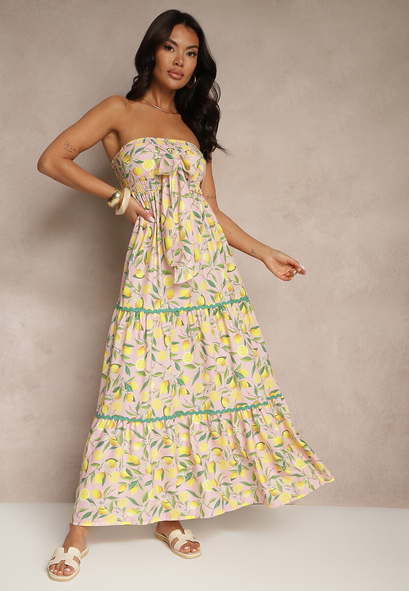 Różowa Sukienka Ozdobiona Kokardą i Motywem Cytryn Galionea