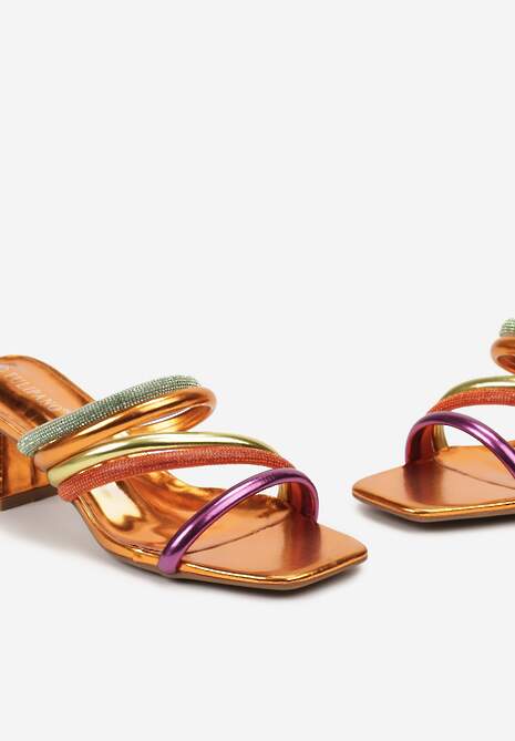 Pomarańczowe Klapki Ozdobione Cyrkoniami na Słupku z Kwadratowym Noskiem Alfiva