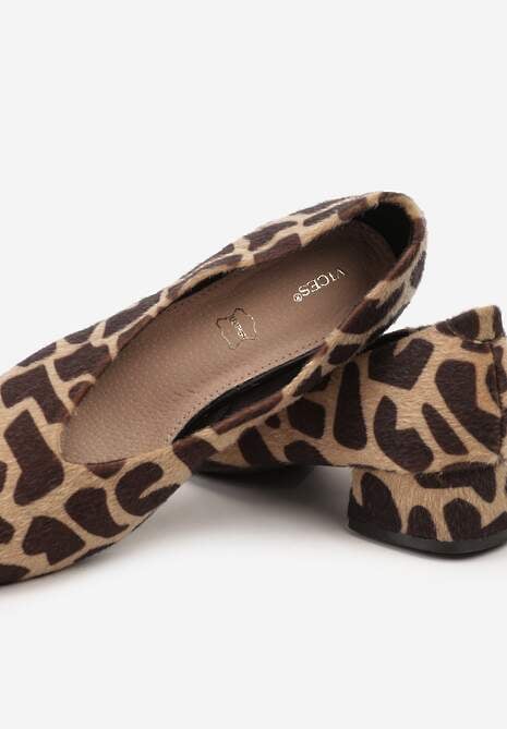 Brązowe Panterkowe Czółenka na Słupku Vices ze Skórzaną Wkładką Alinire