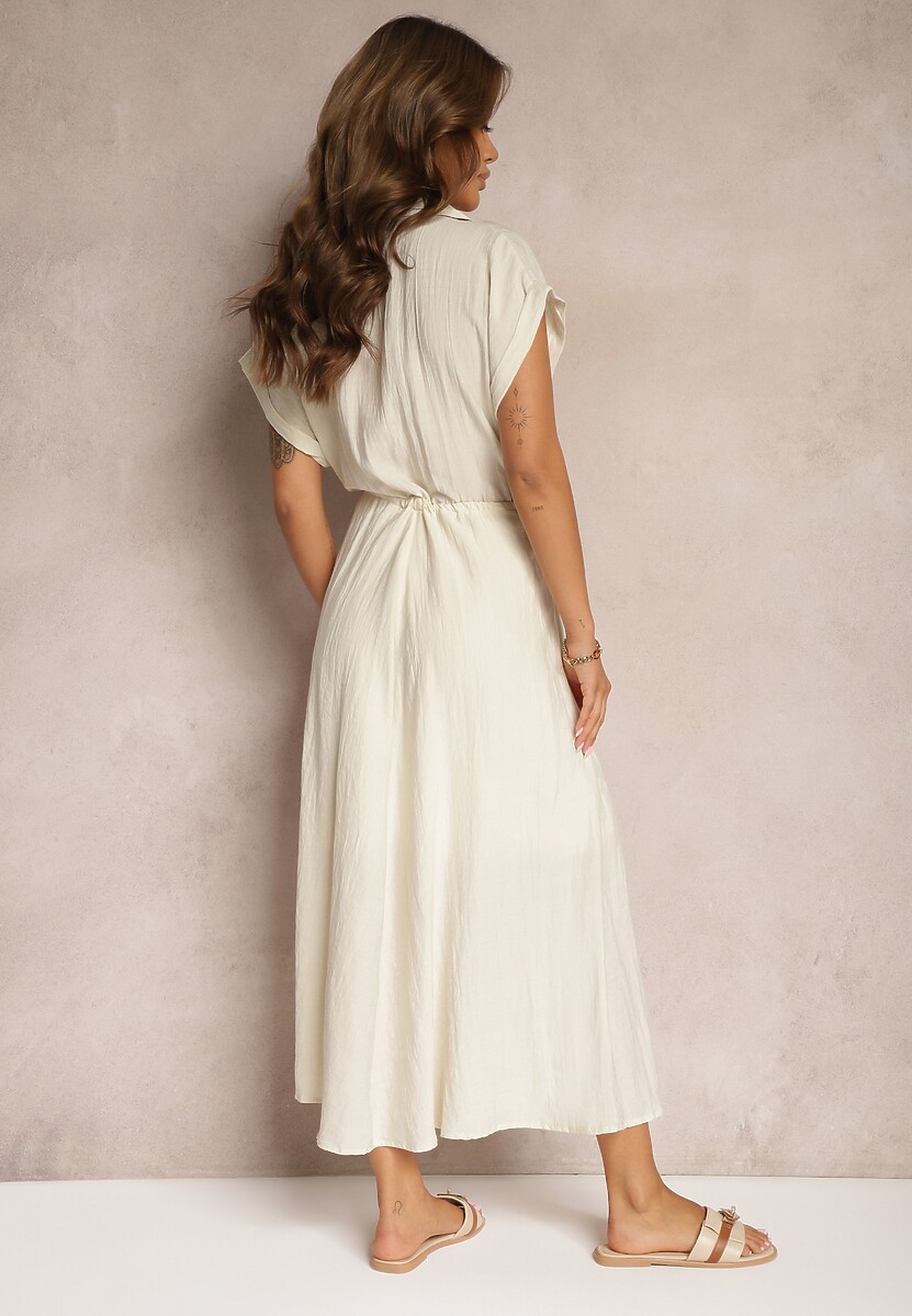 Beżowa Sukienka z Wiskozy o Rozkloszowanym Kroju z Gumką w Pasie i Napami Memvia