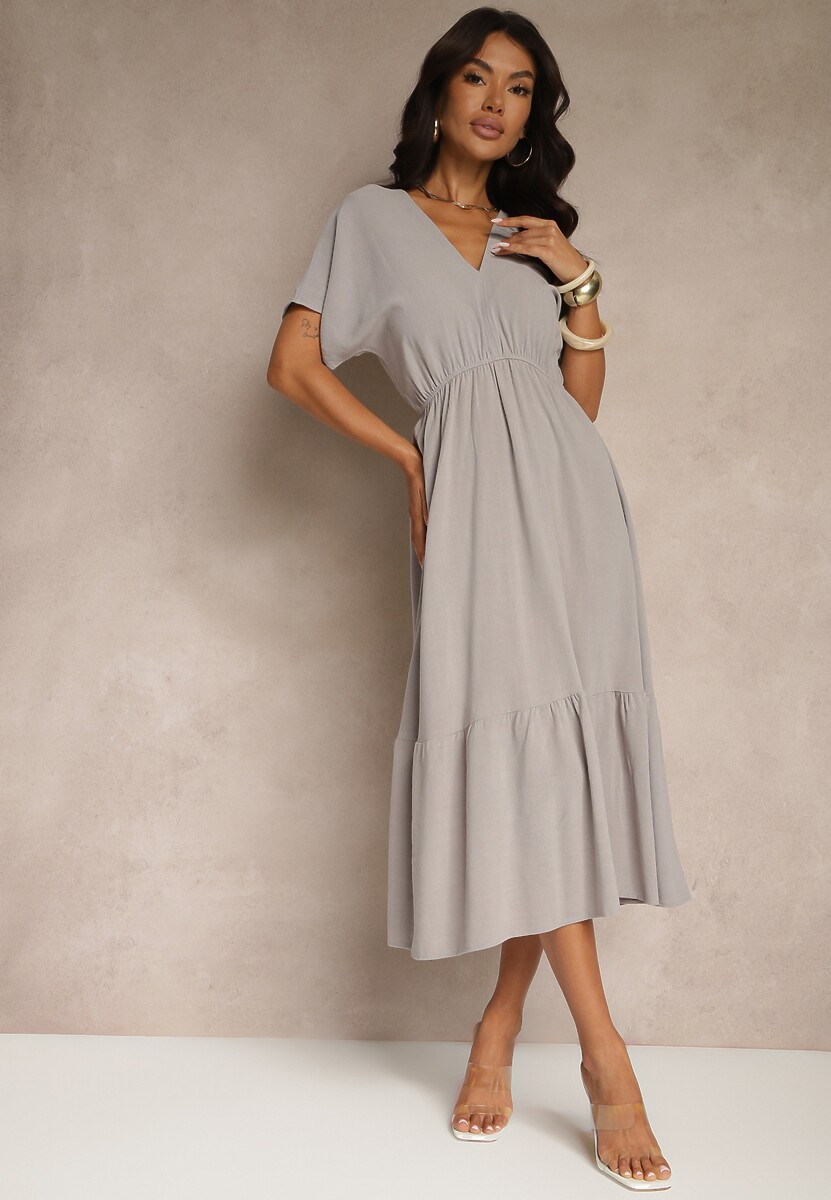 Szara Sukienka z Wiskozą i Lnem z Wiązaniem z Tyłu Kolissea