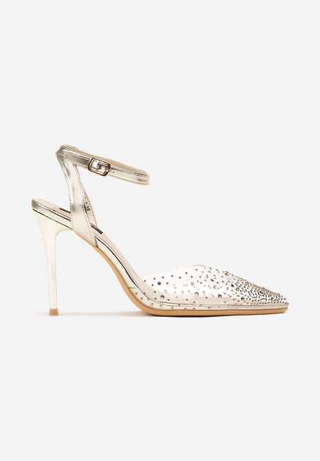 Złote Metaliczne Szpilki z Transparentną Cholewką i Cyrkoniami Mitanea