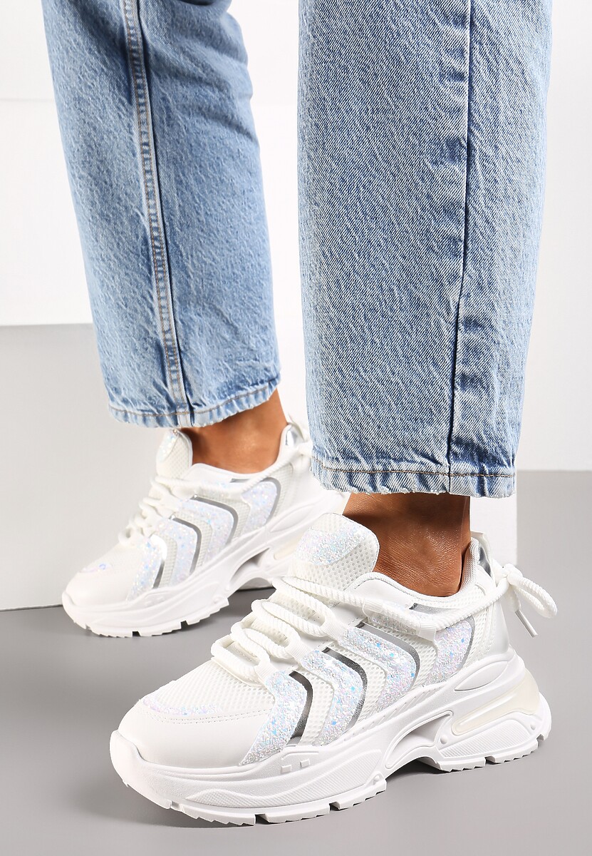Białe Sneakersy na Masywnej Podeszwie Odobione Brokatem Thirlas
