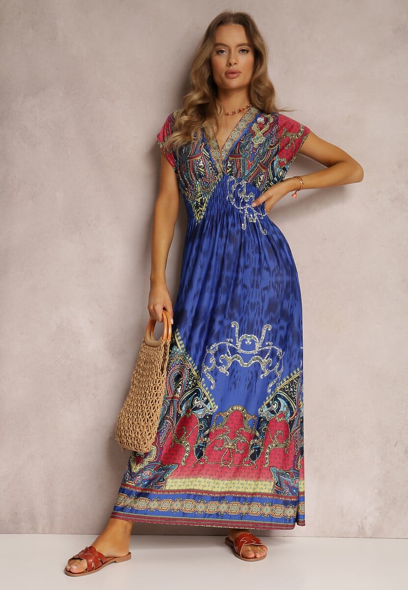 Niebieska Sukienka o Kopertowym Kroju w Ornamentalny Print Nalori