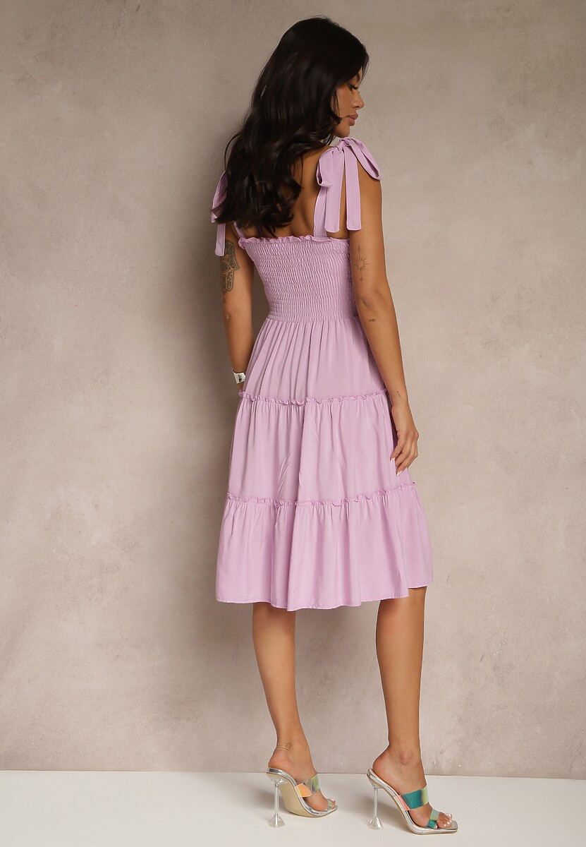 Fioletowa Sukienka z Wiskozą o Rozkloszowanym Kroju na Ramiączkach z Wiązaniem Aranive