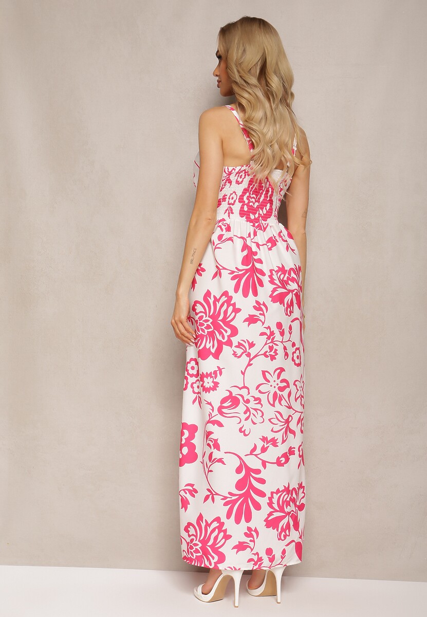 Fuksjowo-Biała Sukienka z Gumkami na Plecach Ściągana w Talii z Regulowanymi Ramiączkami Falora