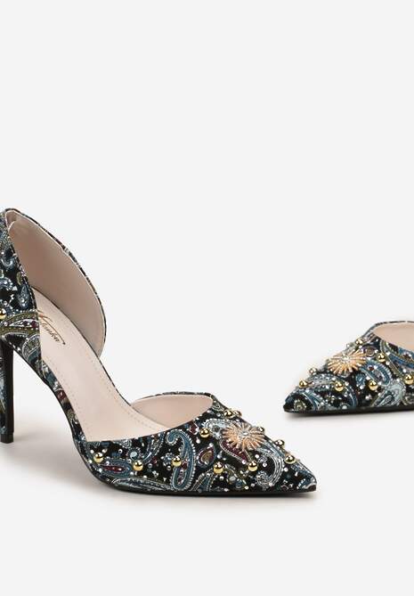 Zielone Szpilki z Noskiem w Szpic z Oryginalnym Wzorem z Cyrkoniami i Nitami Alfiratte