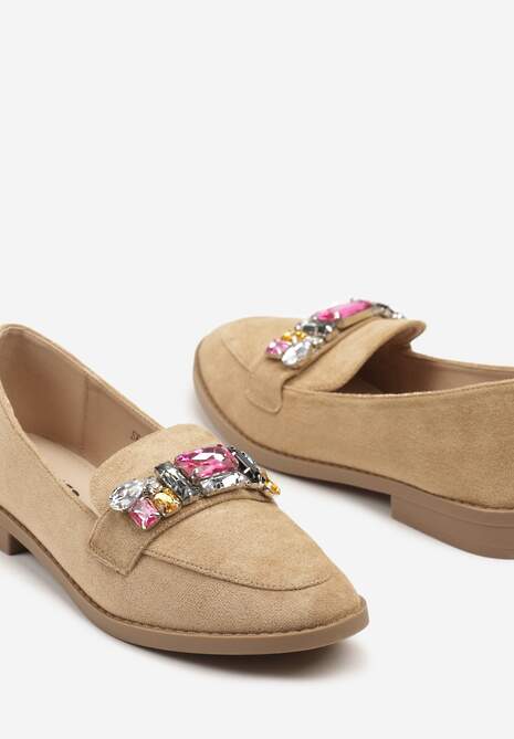Ciemnobeżowe Wsuwane Mokasyny z Aplikacją z Kryształków Palirona