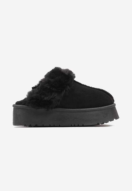 Czarne Kapcie na Platformie z Ekozamszu z Futerkiem Livorn