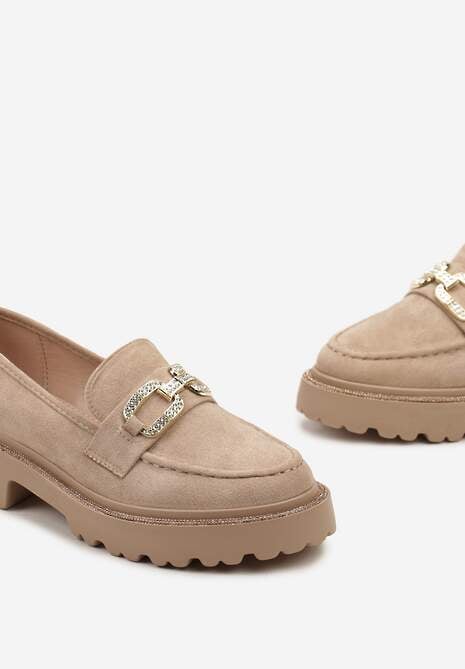 Ciemnobeżowe Mokasyny na Płaskim Obcasie z Klamrą z Cyrkonii Laviressa