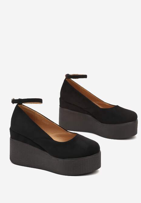 Czarne Czółenka na Koturnie z Platformą Zapinane przy Kostce na Klamerkę Kildia