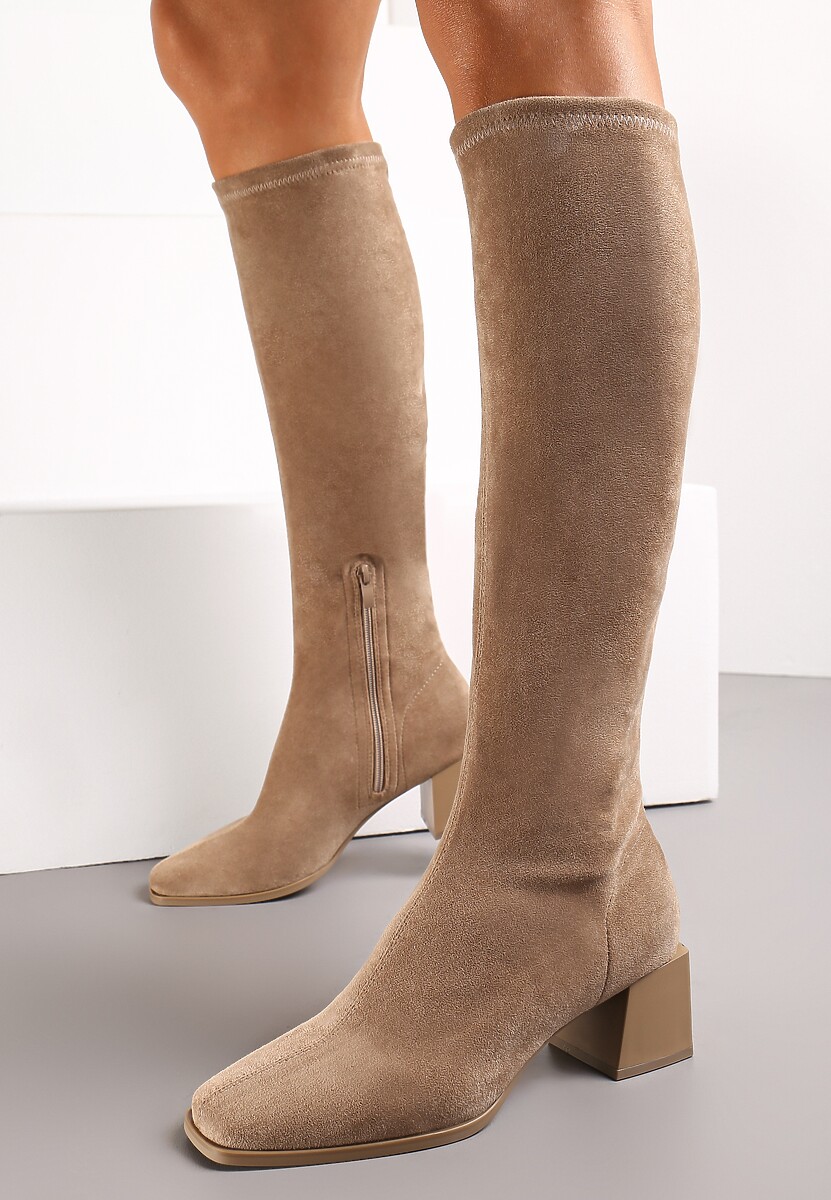 Brązowe Kozaki na Słupku z Imitacji Zamszu Haziela