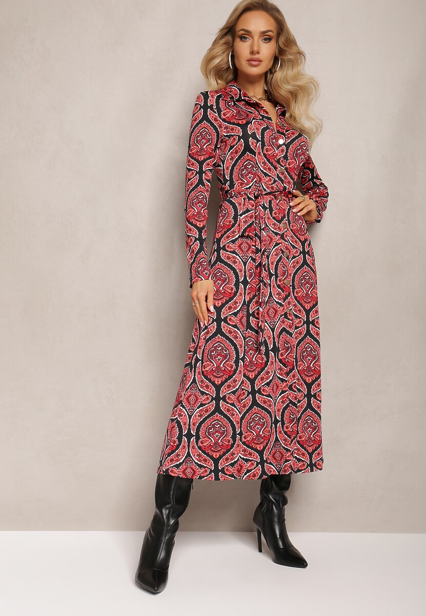 Czerwona Sukienka Koszulowa z Materiałowym Paskiem z Wzorem Paisley Cevilia