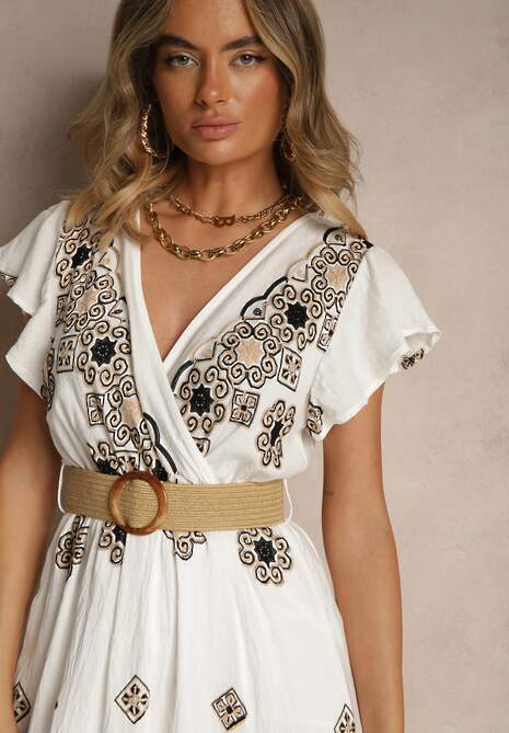 Biało-Czarna Sukienka z Wiskozy Ozdobiona Paskiem i Haftem Nilorelle