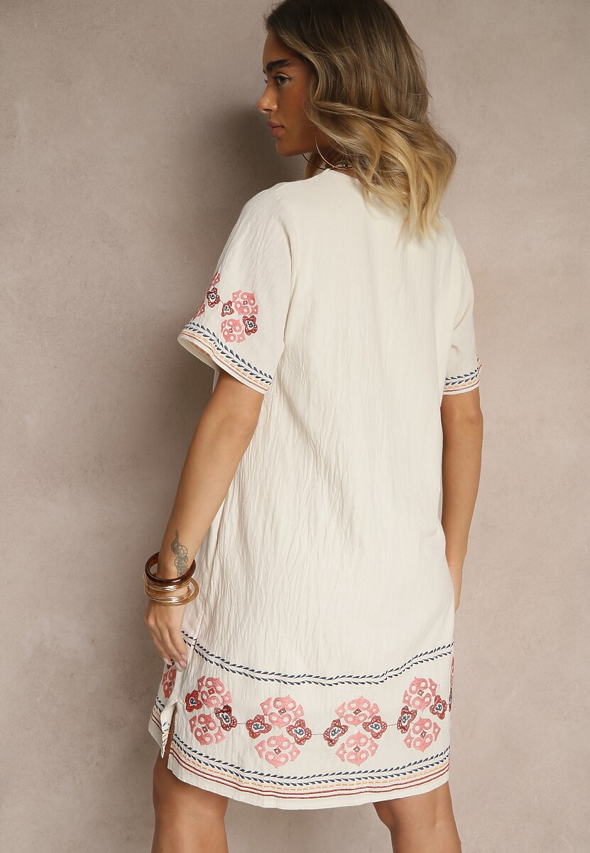 Czerwona Pudełkowa Sukienka z Bawełny w Hafty w Stylu Boho Felkio