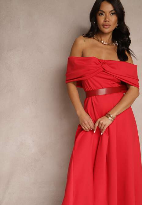 Czerwona Sukienka Rozkloszowana Ozdobiona Kokardą Odarra