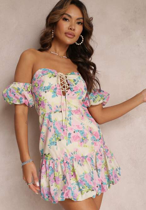 Jasnobeżowa Bawełniana Sukienka Mini z Falbanką i Opuszczonymi Rękawami Natisani