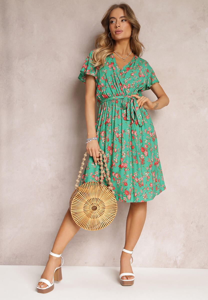 Zielona Wiskozowa Sukienka Midi w Kwiaty z Gumką w Pasie i Materiałowym Paskiem Aidenia