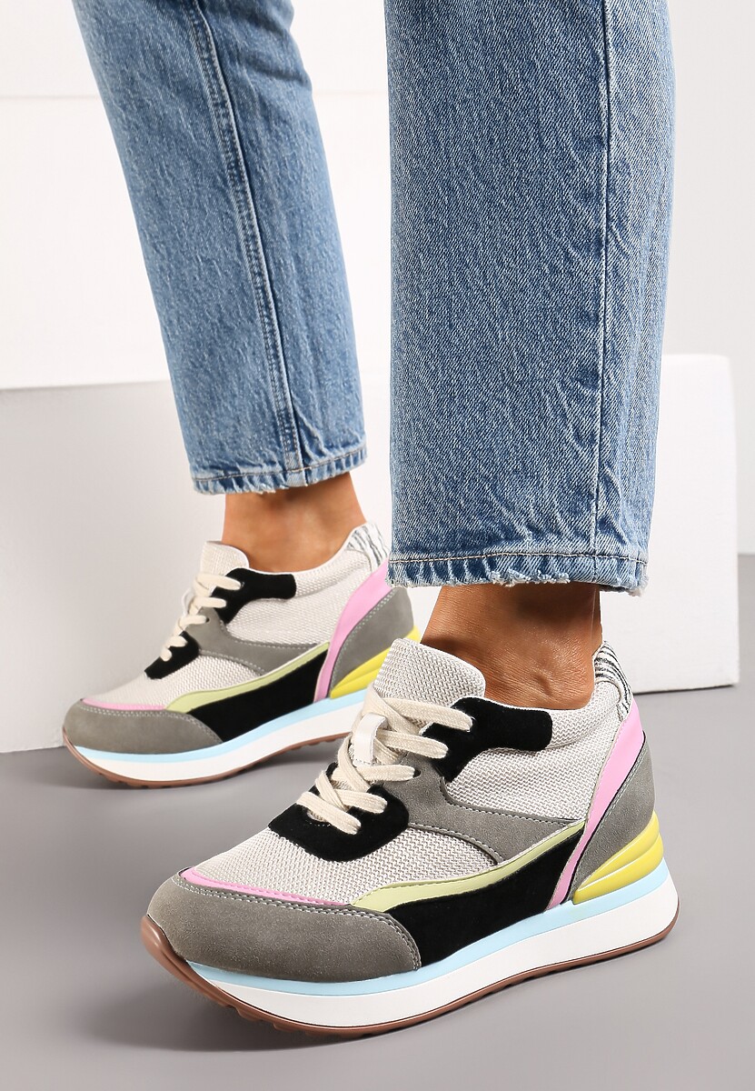 Szare Sneakersy na Ukrytym Niewysokim Koturnie z Brokatem Fioralan