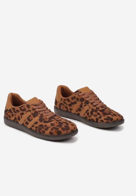 Brązowe Casualowe Sneakersy z Ekozamszu w Panterkę na Płaskiej Podeszwie Pemeriana