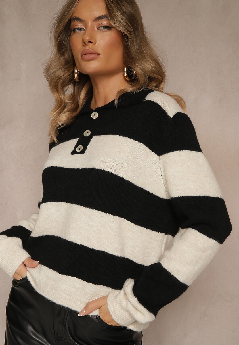 Czarny Pasiasty Sweter z Dodatkiem Wełny z Kołnierzykiem i Guzikami Tiarresa
