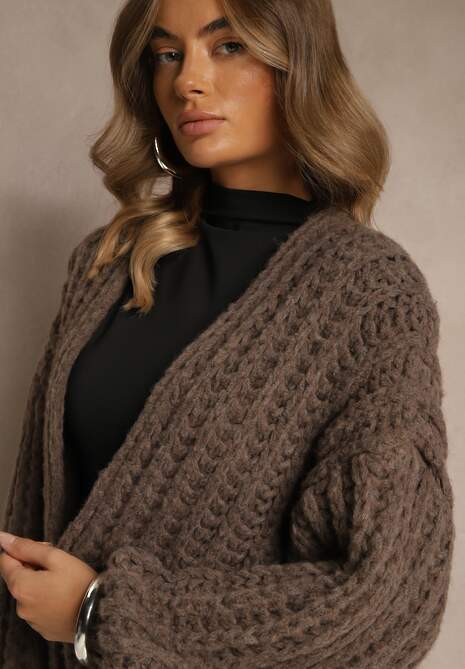Brązowy Oversizowy Kardigan Bez Zapięć z Dodatkiem Wełny i Wiskozy Titanesa