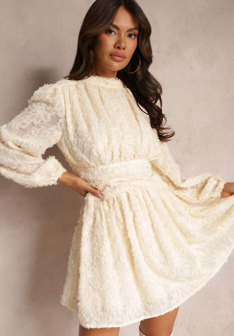 Beżowa Koronkowa Sukienka Mini z Gumką w Pasie Netta