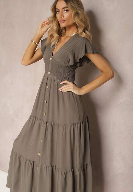 Ciemnobeżowa Sukienka z Wiskozy Lobsy