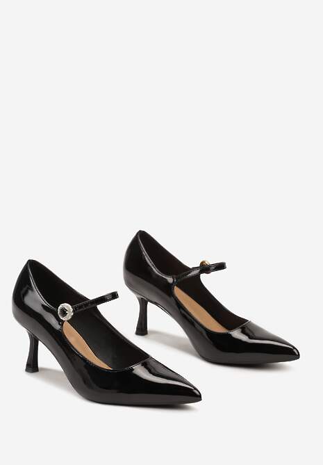 Czarne Czółenka na Obcasie Kaczuszka ze Szpiczastym Noskiem i Ozdobnym Paseczkiem Dailithe