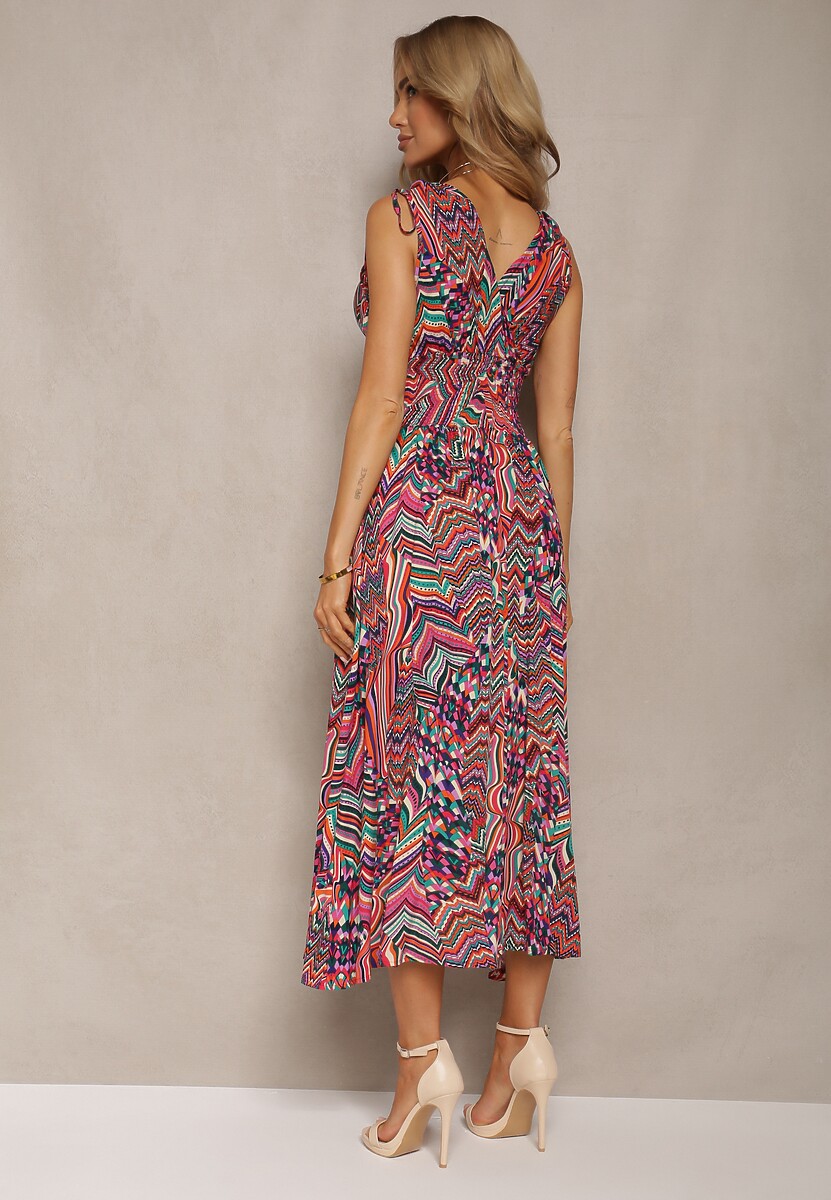 Zielono-Różowa Boho Sukienka o Rozkloszowanym Kroju z Dekoltem w Serek i Gumką w Pasie Heteri