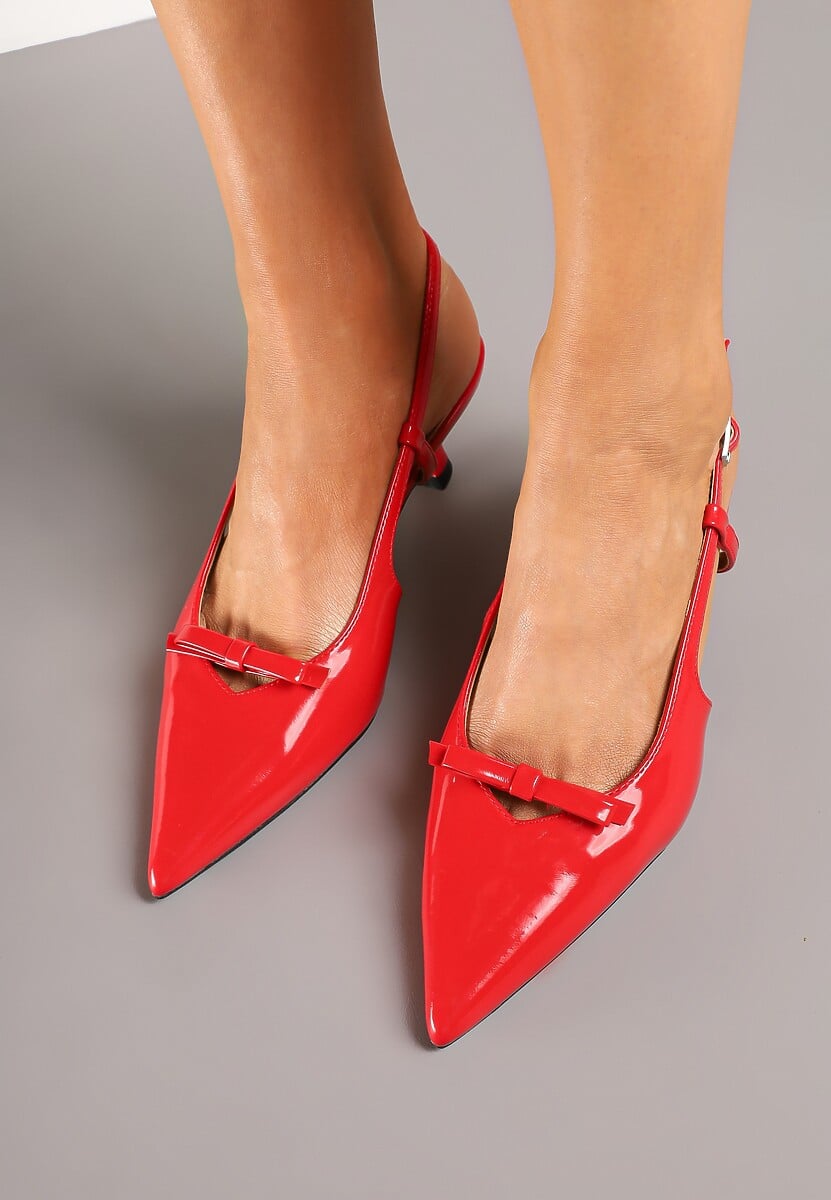 Czerwone Sandały Lakierowane na Kaczuszce Typu Slingback z Kokardą Nonarilin