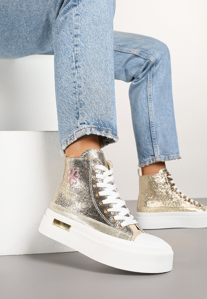 Beżowe Trampki na Platformie z Wysoką Cholewką Ozdobione Haftem Fonaril