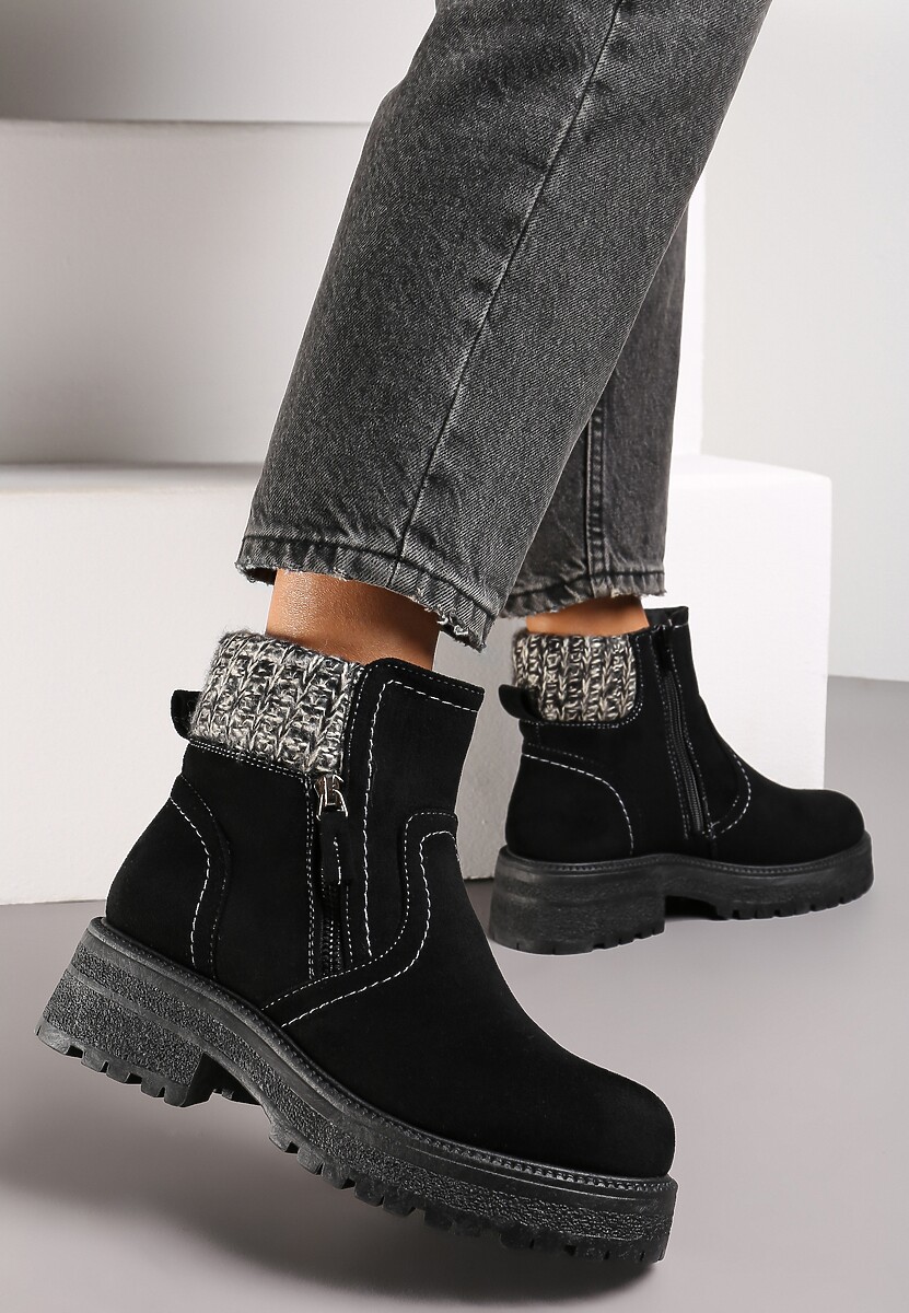 Czarne Botki z Ozdobnym Suwakiem i Materiałową Wstawką Sanremia