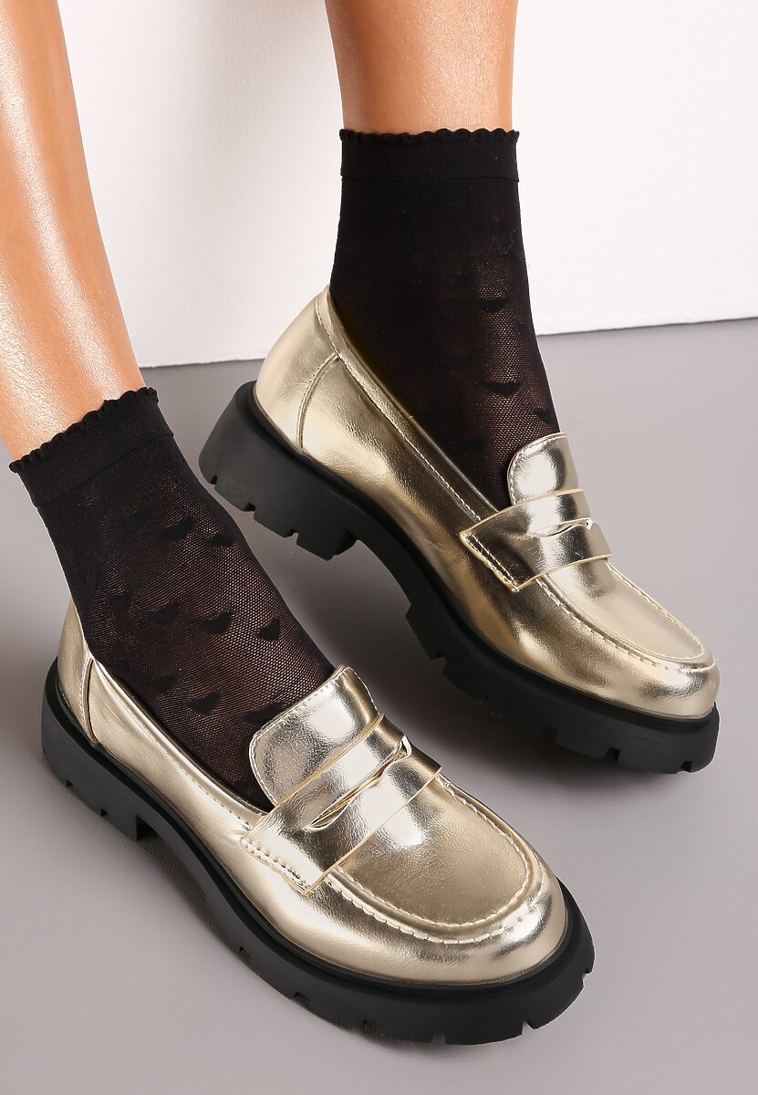 Złote Mokasyny na Grubej Podeszwie z Ozdobną Patką Bambina