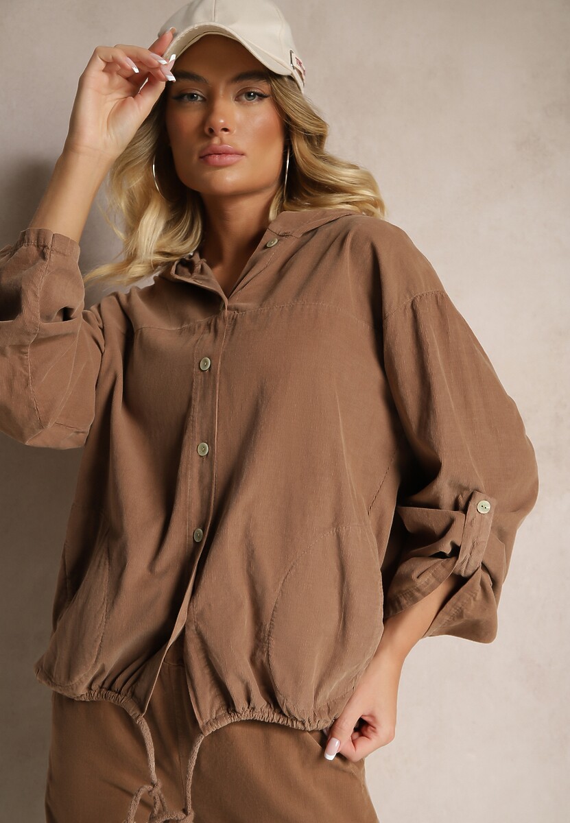 Szara Koszula z Bawełny o Luźnym Kroju z Kapturem i Ściągaczem Felanira