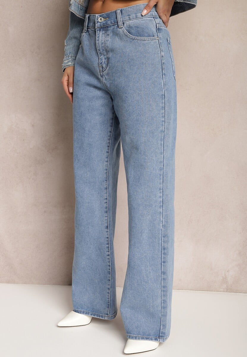 Niebieskie Szerokie Jeansy z Bawełny z Kieszeniami Afotta