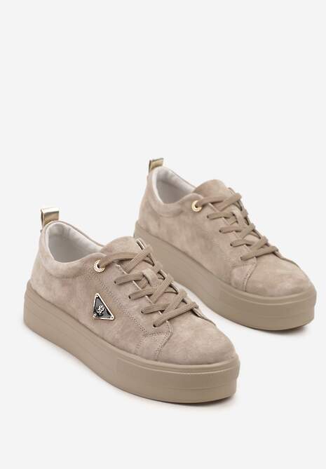Szare Sneakersy na Platformie z Zamszu Naturalnego Ozdobione Aplikacją Beliale