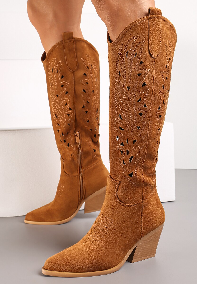 Brązowe Kozaki Kowbojki na Ściętym Słupku z Ażurową Cholewką Fenira